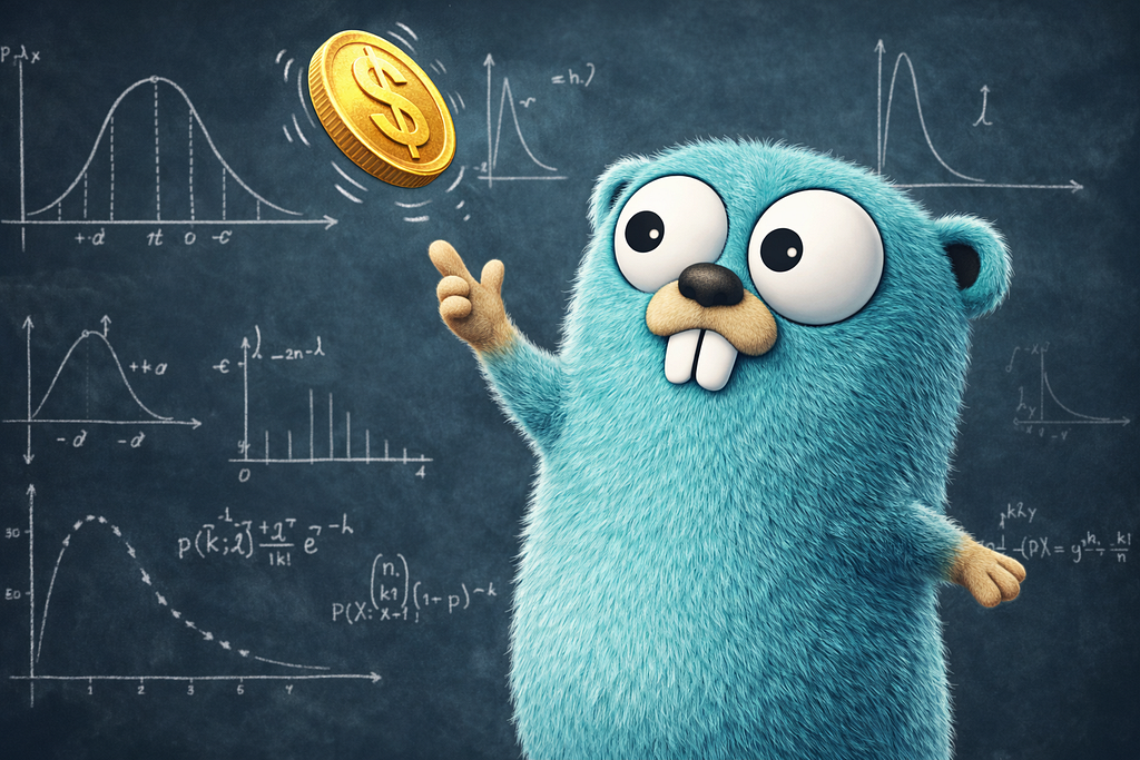 Gopher rolls dice on crap table, with probability graphs and equations in the background