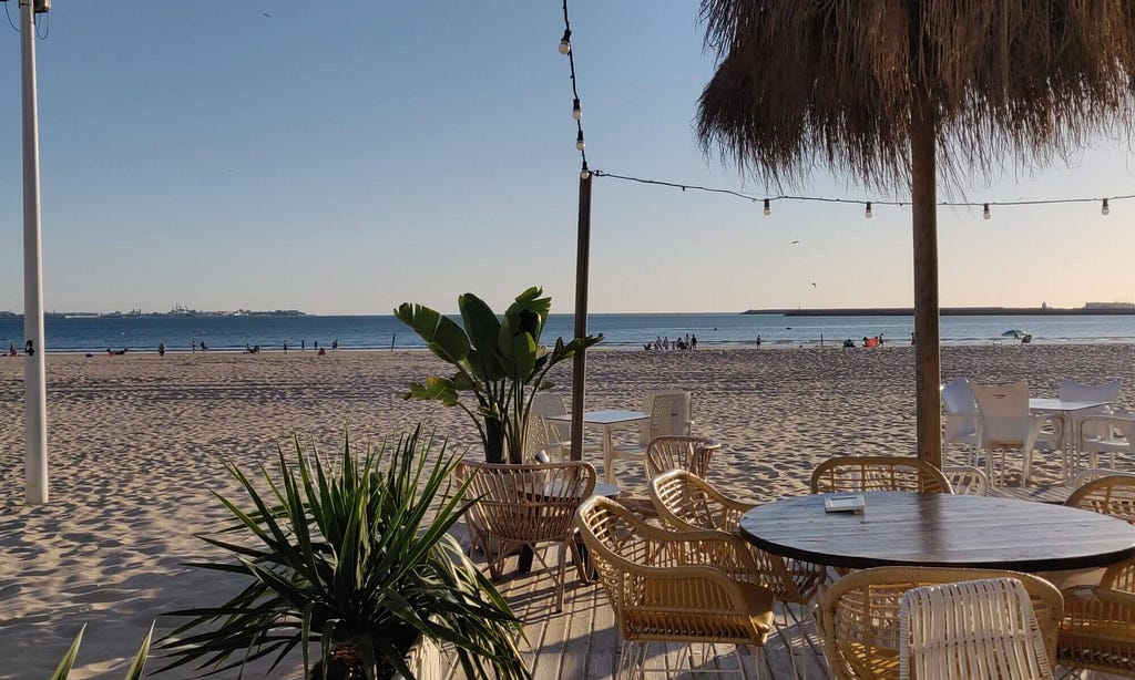 Image of a sunny beach from the beach-front restaurant