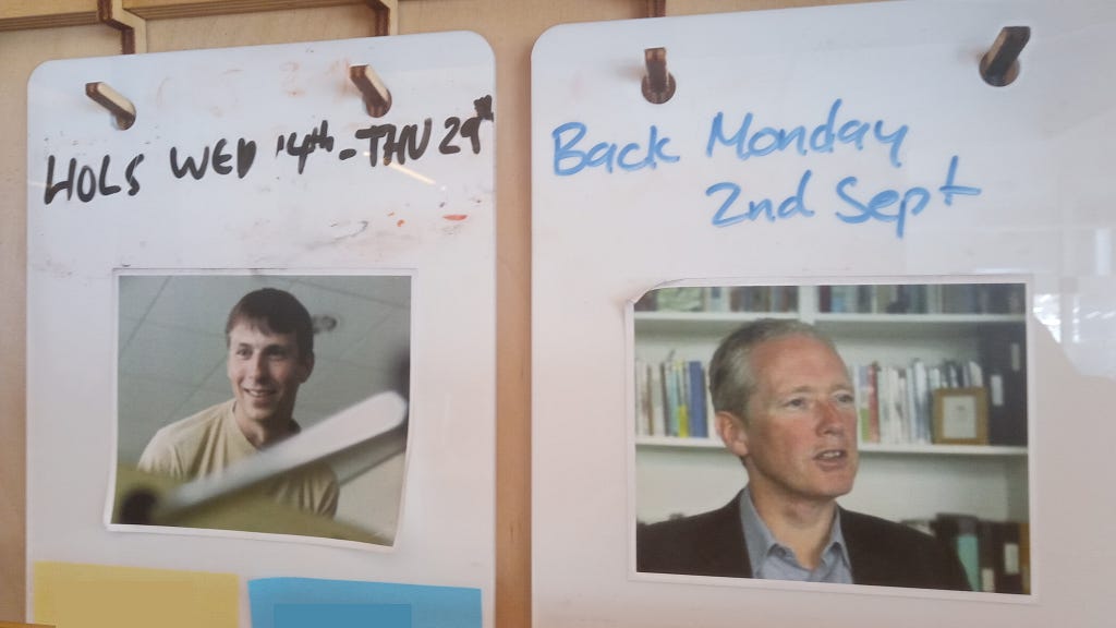 Top of two standup boards showing holiday dates for Tristan and Alex