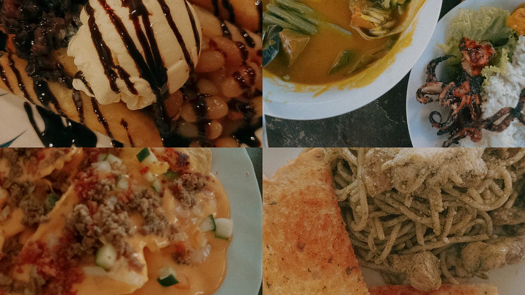 Grid of various meals: Top left — Leche flan spring roll with ice cream, beans, and chocolate syrup; Top right — Beef kare-kare (Philippine Stew), rice, grilled squid, and lettuce; Bottom left — Nachos; Bottom right — Grilled chicken pesto with garlic bread.
