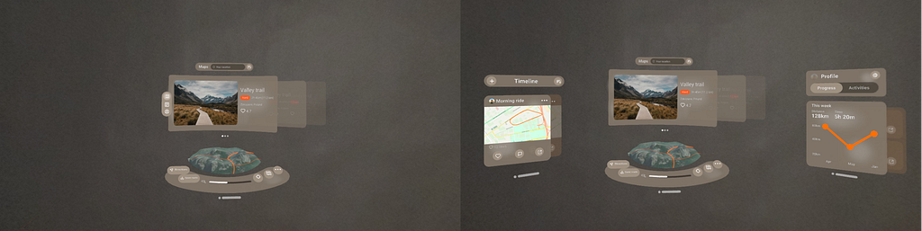 Two images, on the left: previously featured design with curved panels and a tabbar on the left. On the right the same design but featuring all tabs visible at once, floating next to each other.