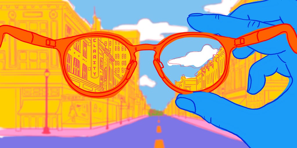 Colorful illustration with a pair of glasses in the foreground. Only the portion of the image behind the lenses is clear.