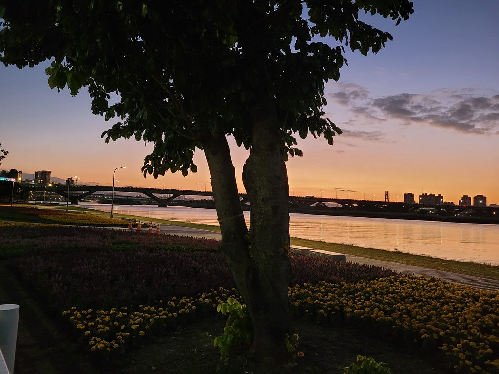 The riverside at sunset in Taipei, Taiwan.