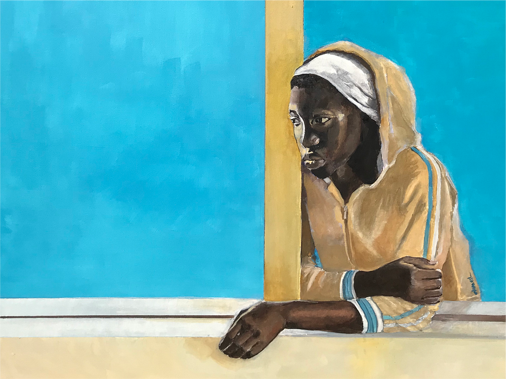 An oil painting of a Black girl wearing a beige hoodie. The backdrop is sky blue. The girl is leaning against a windowsill. Light splits her face. With a solemn expression she stands outside looking in.