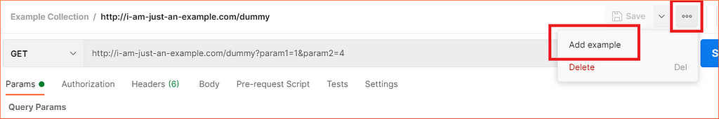 How to add a request-response example from the request UI in Postman