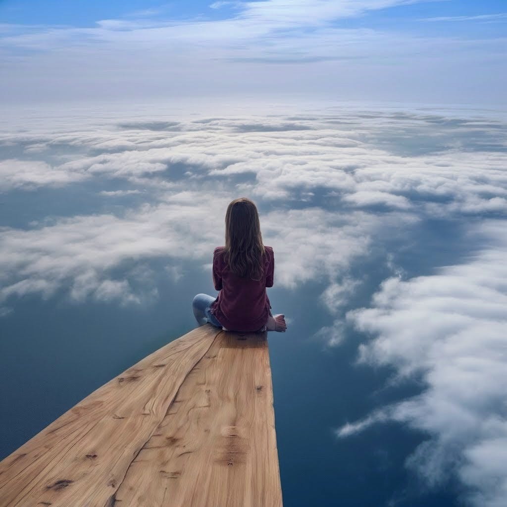 A girl facing forward, sitting at the edge of a wooden plague, hovering 10,000 feet, overseeing the ocean and clouds