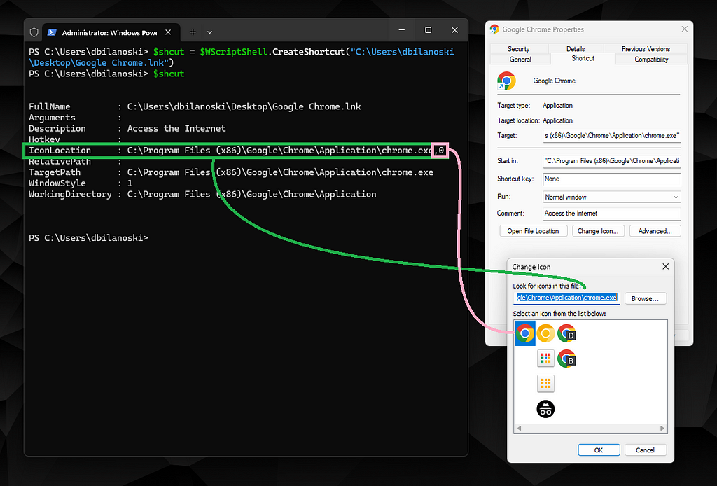 Screenshot showing how to change icon of the shortcut and retrive it’s path from within the DLL library.