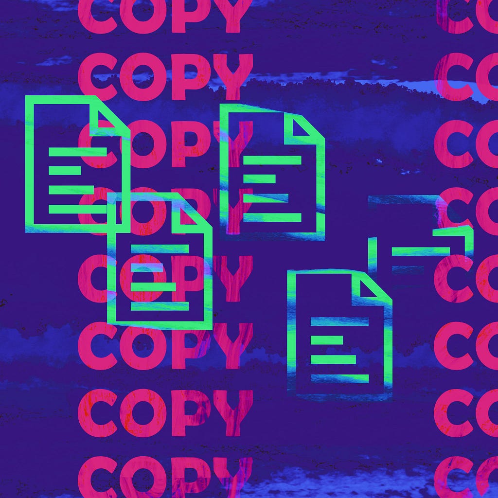 The word “Copy” appears multiple times as a screen printed icon of a text document degrades in clarity with each iteration.