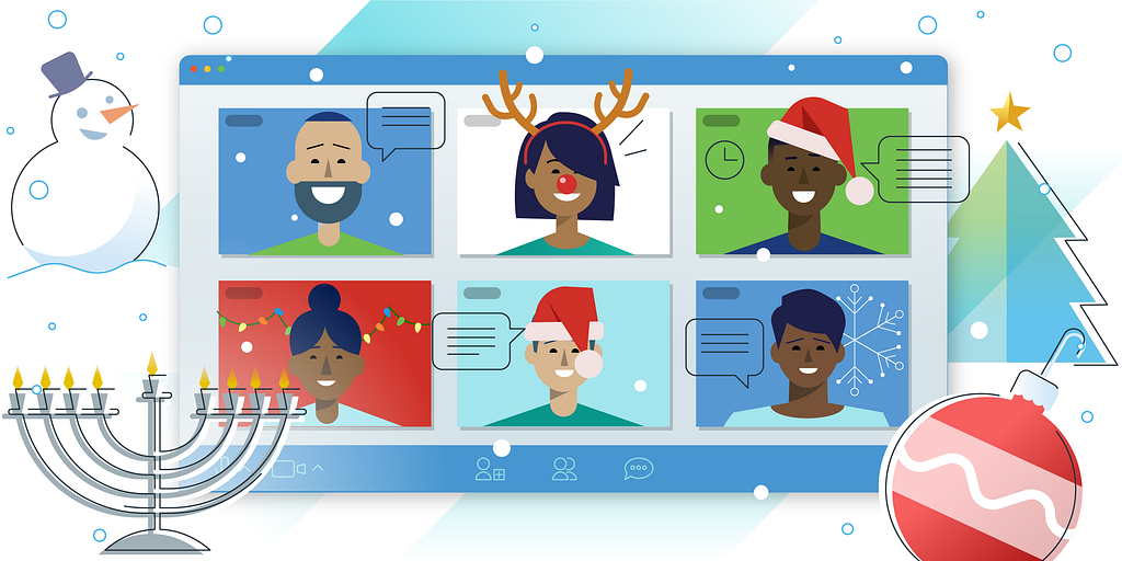 Illustration. Six boxes of people in Zoom meeting wearing Santa hats, snowflakes, xmas, Hannucka ornaments backround.