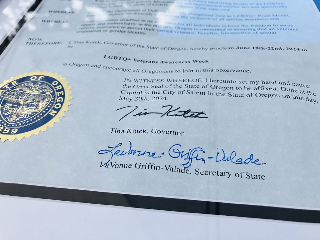 Photo of proclamation signed by Oregon Governor Tina Kotek declaring June 18–22, 2024, LGBTQ+ Veterans Awareness Week.
