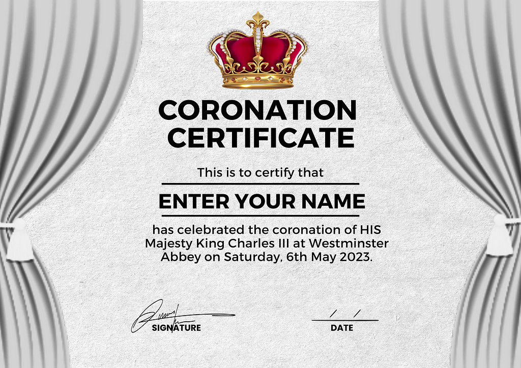 King Charles III Coronation Certificate with King Crown Logo