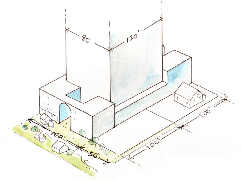 Isometric drawing of a 80'x120' wide tall building built in the middle of a 100'x200' lot. There is a street in front with a landscaped plaza and tiny houses and driveway
