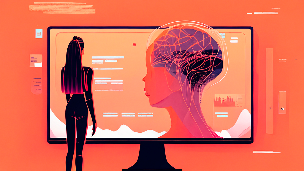 An illustration of a woman attentively observing an AI interface displayed on a screen