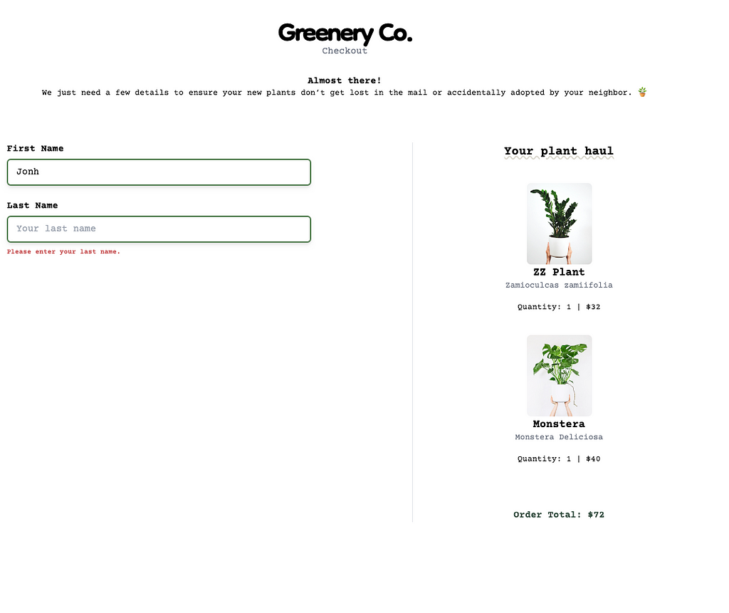 A screenshot of the Greenery Co. page with two fields: First and Last name.