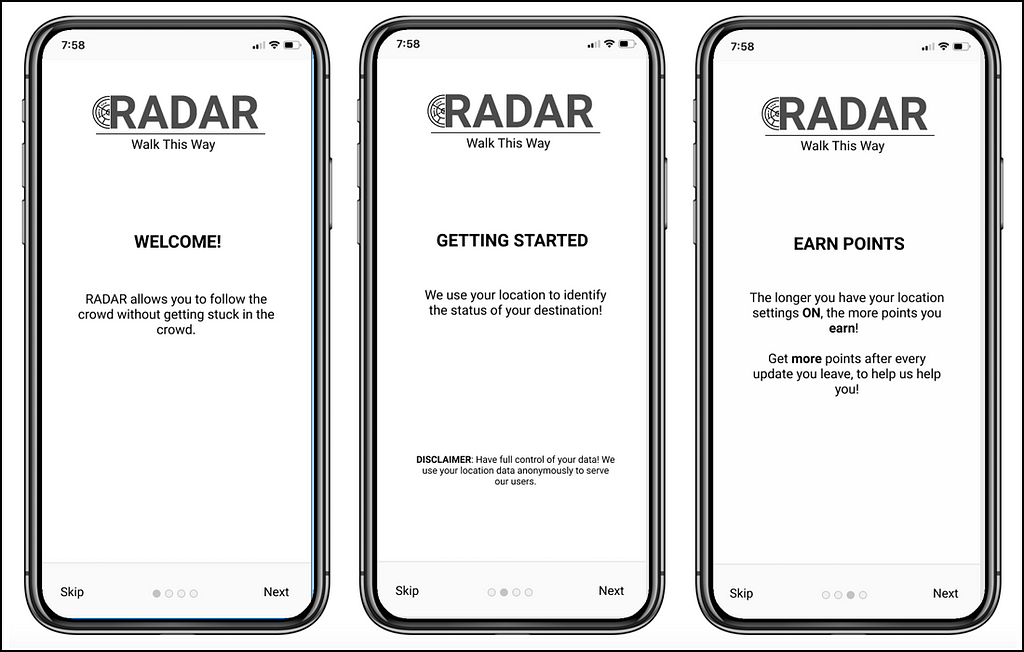 The Radar (later Nearby) Application onboarding screens Mid-Fi Prototype