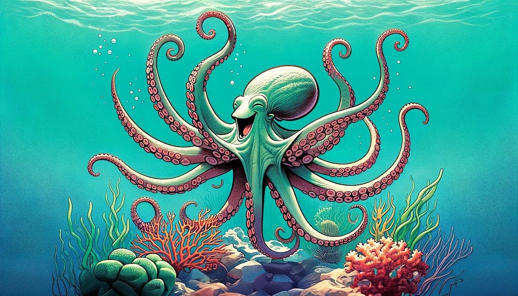 A semi-realistic cartoon illustration, showcasing an octopus colored close to hex #ABF39F. The octopus is portrayed in a moment of triumph, energetically raising two of its arms upwards. The texture and shading on the octopus should suggest a level of realism while maintaining a cartoon aesthetic. The background is a lively underwater scene with intricately drawn coral and seaweed, set in a vibrant seascape.