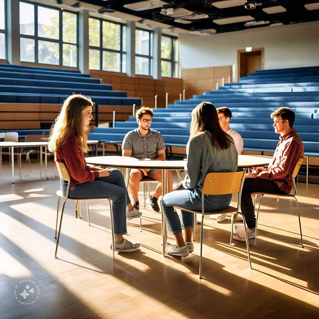 An AI generated image of 5 students sitting in a lecture hall.