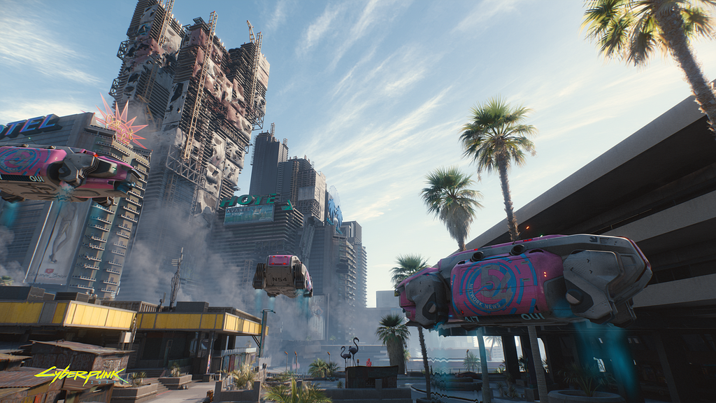 A screenshot from the Pacifica District of Night City, from CD Project RED’s upcoming game Cyberpunk 2077.