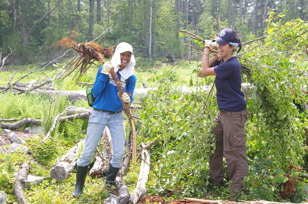 Two young women holding woody debris and laughing