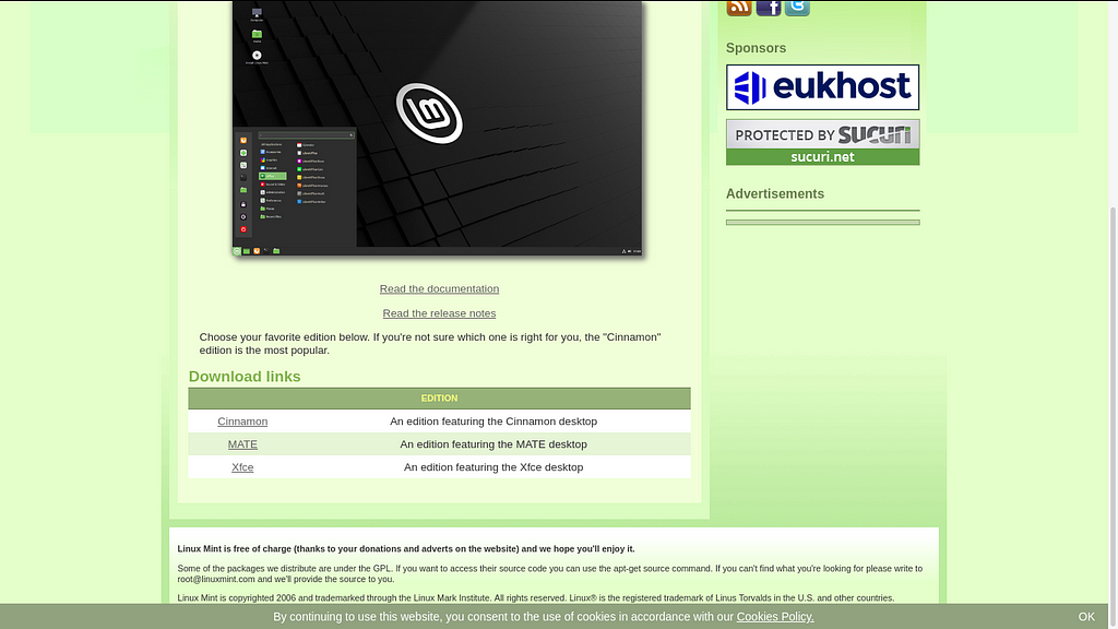 Site do Linux Mint — página de download — 2