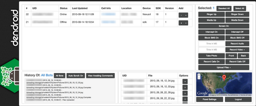 A screenshot of the Dendroid Android RAT interface showing control options and device status.