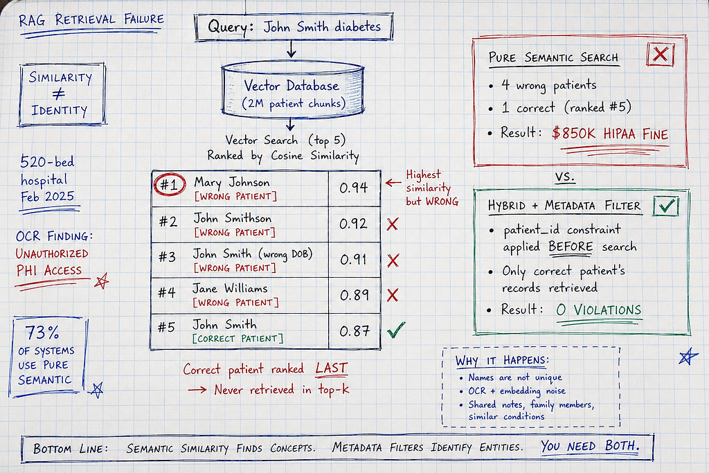 Hand-drawn flowchart on graph paper showing how pure semantic RAG retrieval fails in healthcare — query for John Smith diabetes returns top 5 results by cosine similarity where 4 are wrong patients (Mary Johnson, John Smithson, wrong John Smith, Jane Williams) and correct patient ranks last. Comparison shows hybrid + metadata filtering retrieves only correct patient’s records. Ballpoint pen with incident annotations: $850K fine, OCR violation, 73% of systems vulnerable.