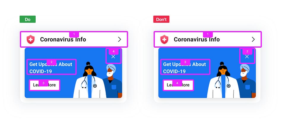 “Do” on the left exemplifies logical sequential order in a graphic; “don’t” on the right exemplifies nonlinear focus order.