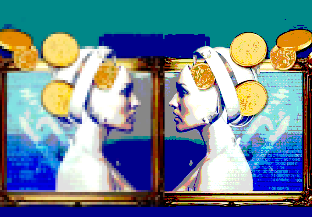 collage of woman reflected with coins coming out of head and computer code behind her