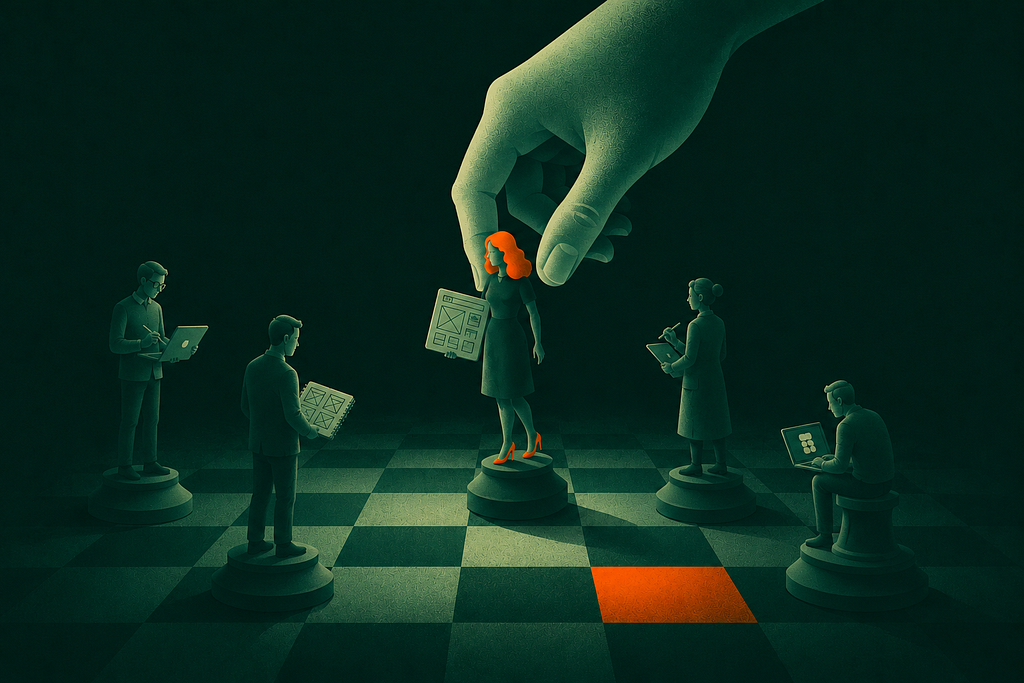 Designers represented as chess pieces navigating a board where human judgment directs the next move while AI generates countless possibilities.