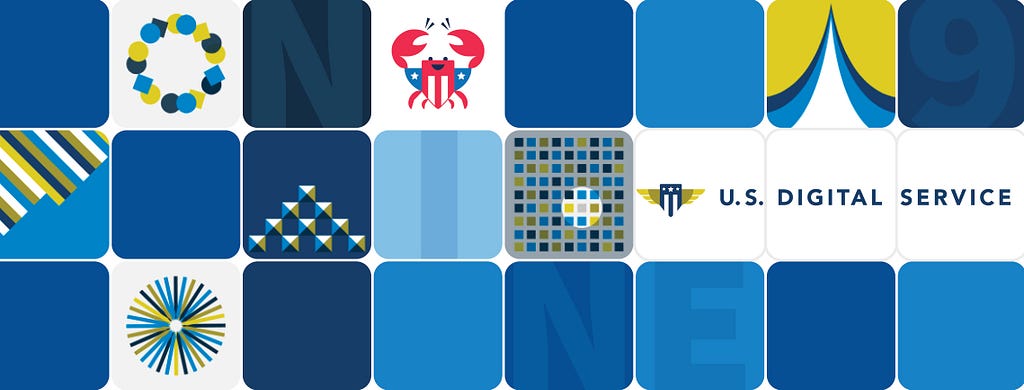 Blocks in three horizontal lines resemble the sides of  a Rubik’s cube. Various graphic images with squares and blocks. A crab with a red and white striped shield and white on blue stars. The word “NINE” is spelled out. “U.S. Digital Service”