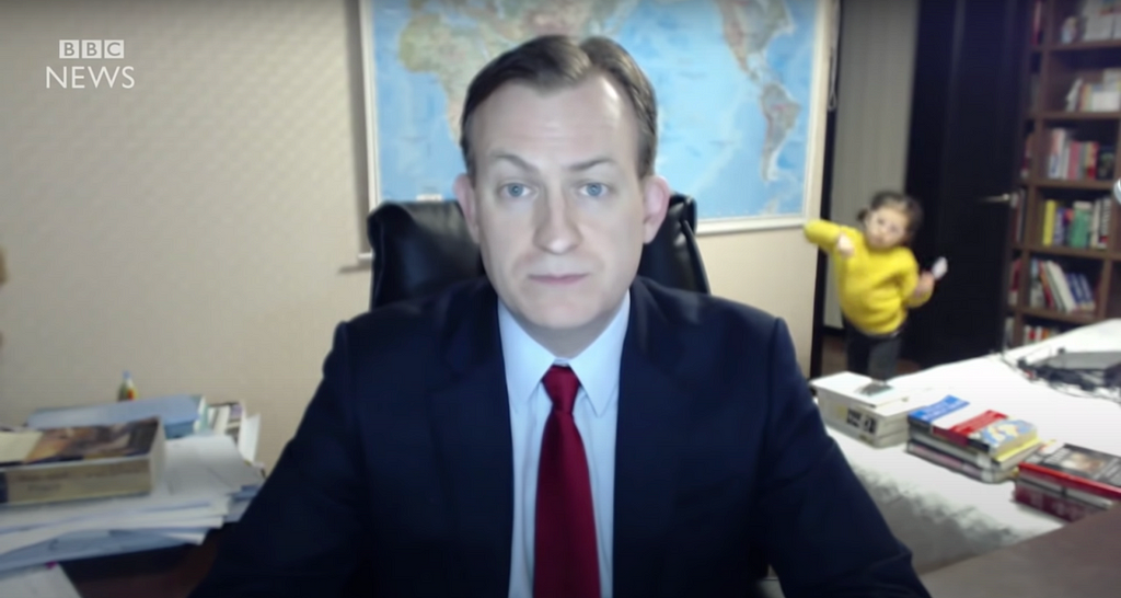 Children have interrupted remote work time as seen in this news clip from a British anchor.