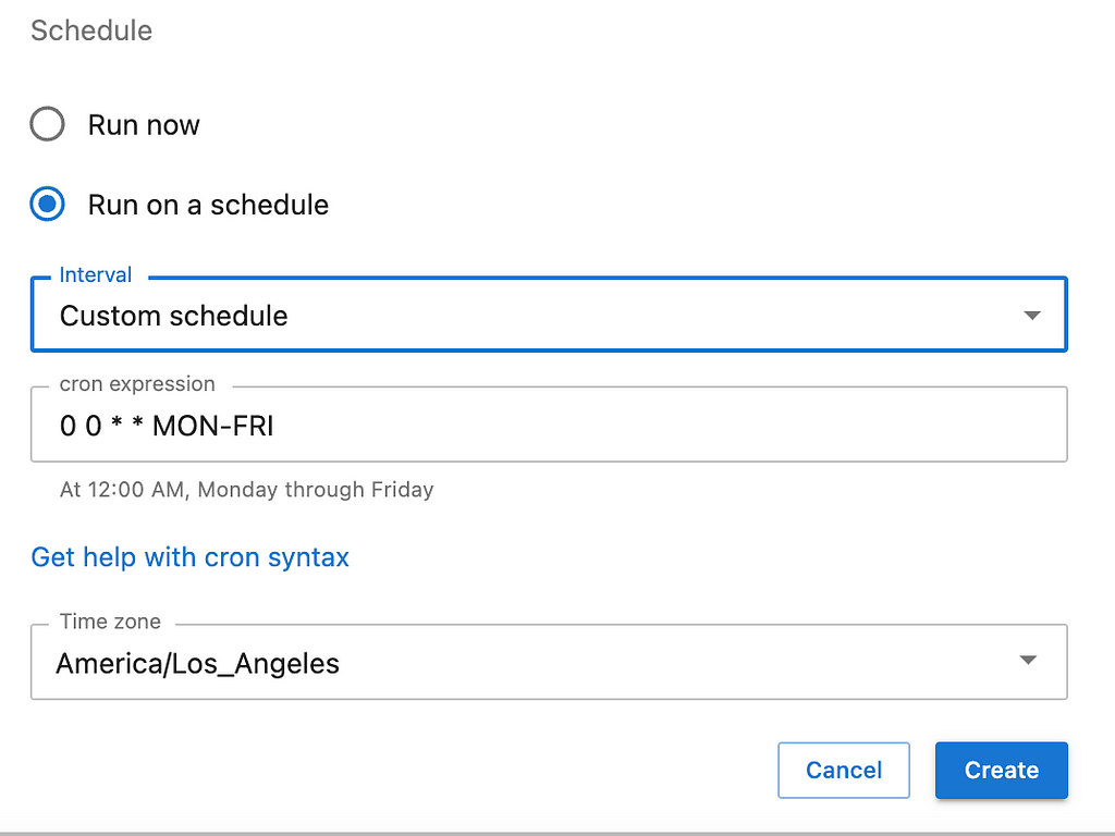 Screen shot of the “run on a schedule” user interface in the Create Job form, with the custom schedule” interval selected