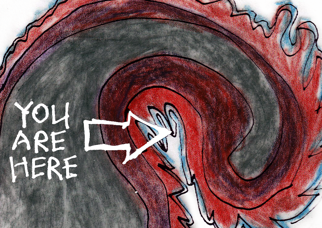Pencil drawing showing part of an image of a dark wave, with the words “YOU ARE HERE” and an arrow pointing at the wave’s trough