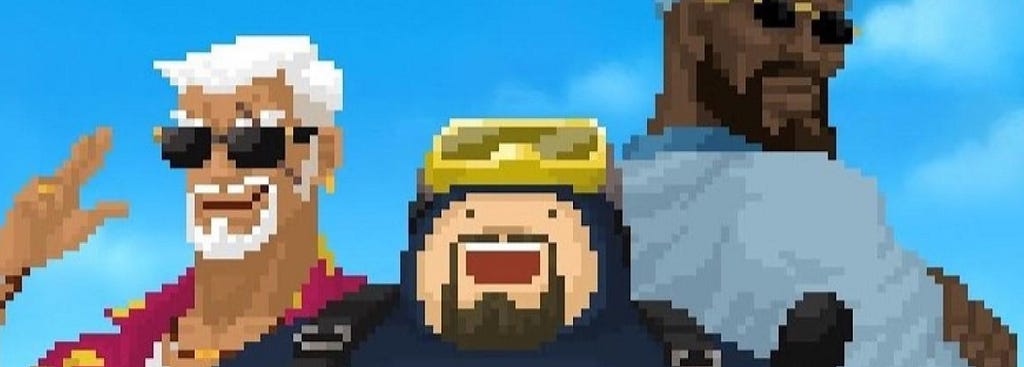 3 pixelated characters smile at the camera, one wearing scuba gear.