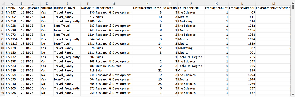 Snapshot to the HR Attrition dataset I’ll be working with for this project