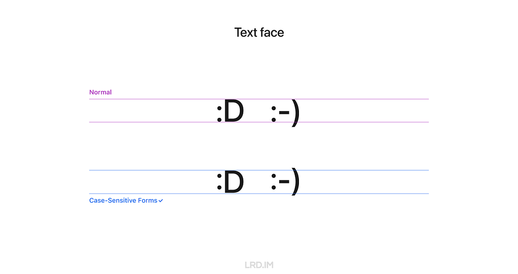 Graphic displaying text faces ‘:D’ and ‘:-)’ with normal and Case-Sensitive Forms formatting in Figma.