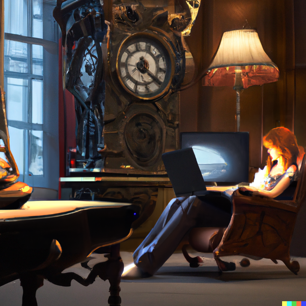 A software engineer sitting in an arm chair working on her laptop, with a giant vintage clock in the background