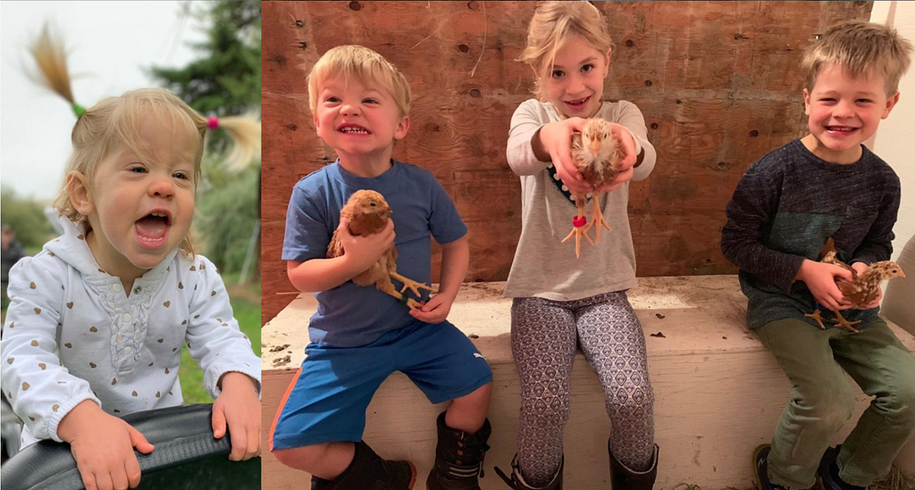 Four kids on a farm: Rosie, Theo, Addie and Ben. Three of them are holding baby chickens.