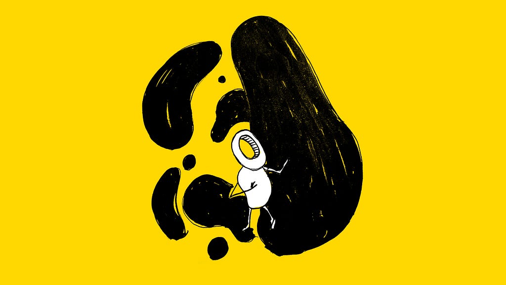 A faceless white figure floats in midair on a yellow background, surrounded by a series of threatening black, organic shapes enfolding the figure.