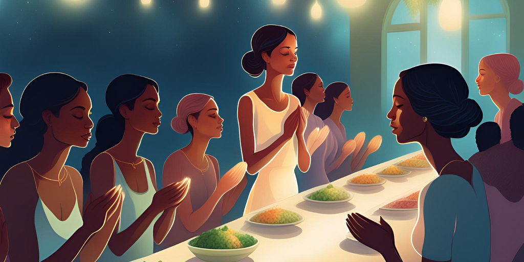 AI Generated Image of Women gathering in Prayer before eating their Communal Dinner.