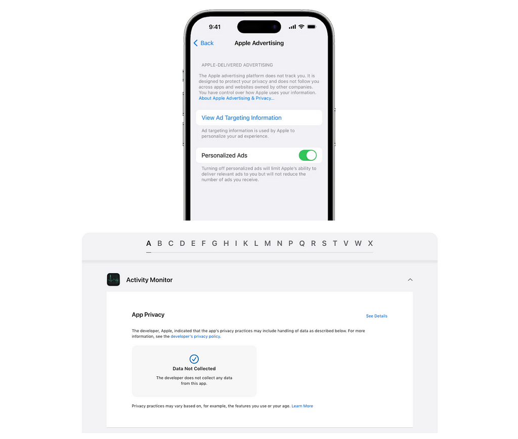 Image illustrating Apple’s commitment to opt-out empowerment and transparency. It features two examples: one shows a toggle switch in Apple settings allowing users to opt out of personalised ads, and the other showcases a catalogue on their website providing information not only about how their app is used but also how it interacts with the user.