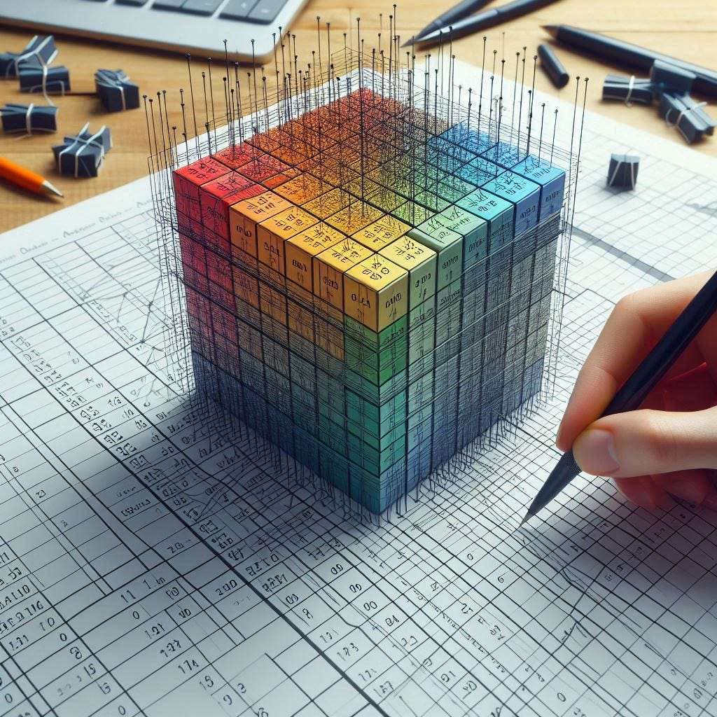 Image of a multi-dimentional colorful cube on an iso metric data grid sheet at the bottom