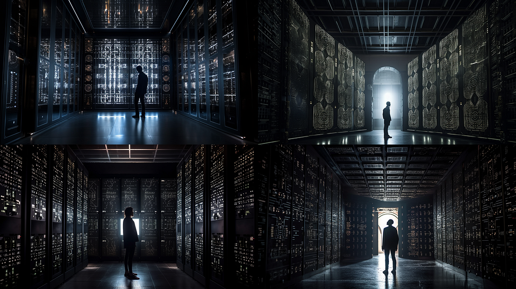 four picture of a man standing inside a digital vault