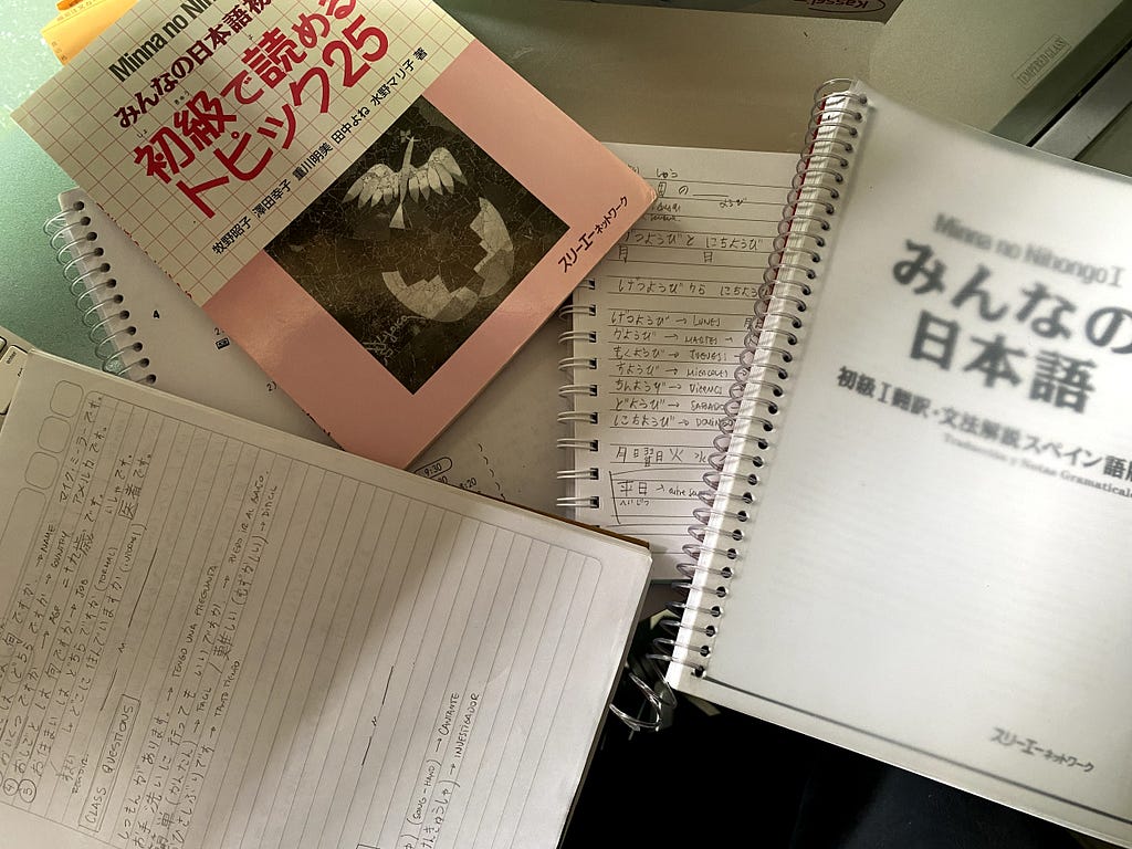 A bunch of text books and notes of Japanese Language