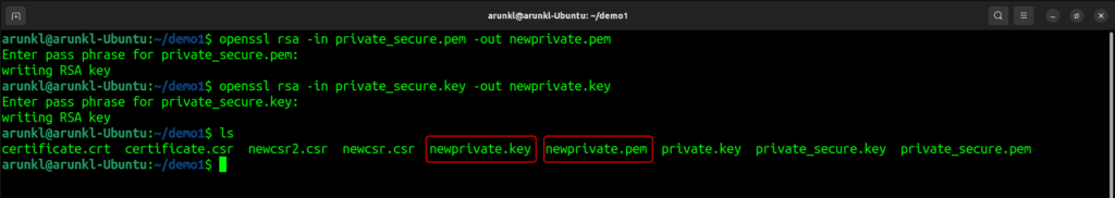 Terminal screenshot with the command to remove the passphrase and decrypts the private key, and save it