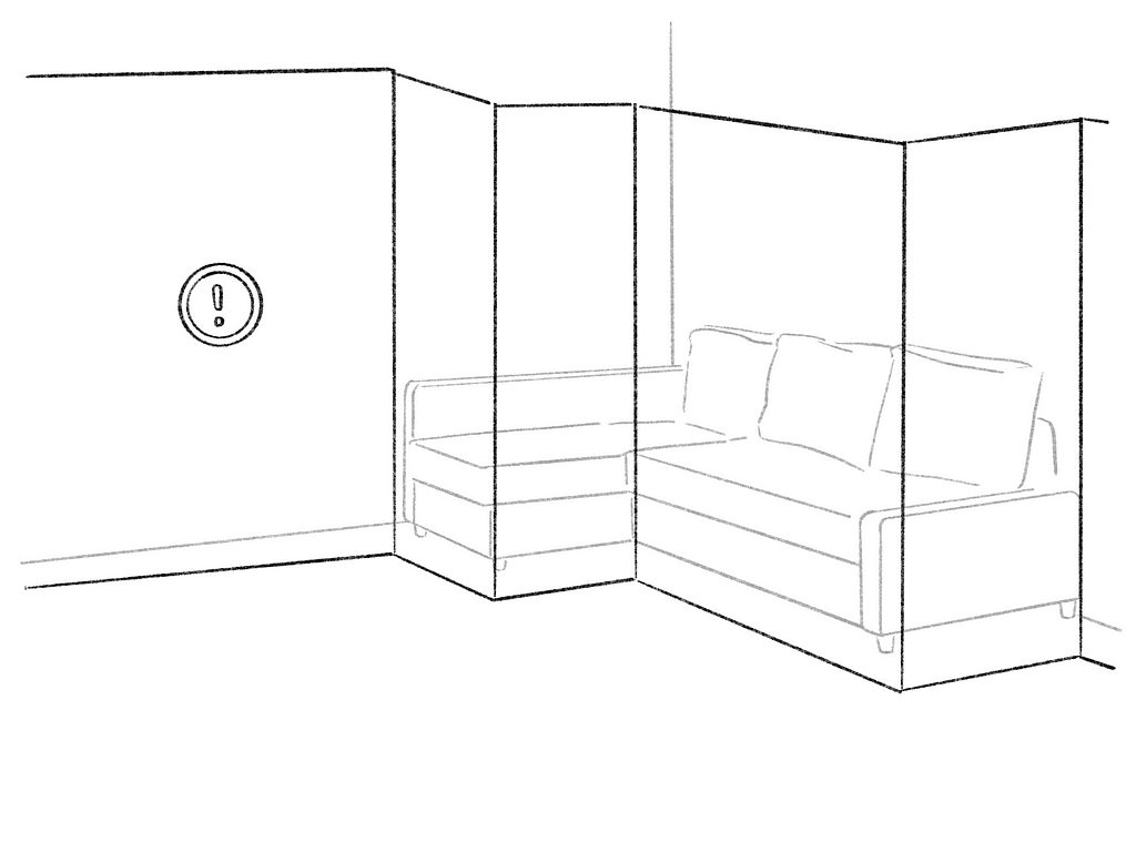 Sketch of a room with a couch and walls. There is a barrier in front of them, along with a warning icon