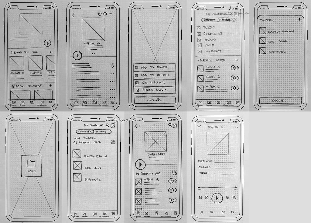 Our revised concept sketches that form our low-fidelity wireframes.
