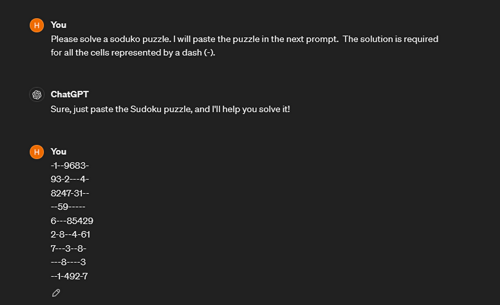 ChatGPT reponse of the Sudoku prompt