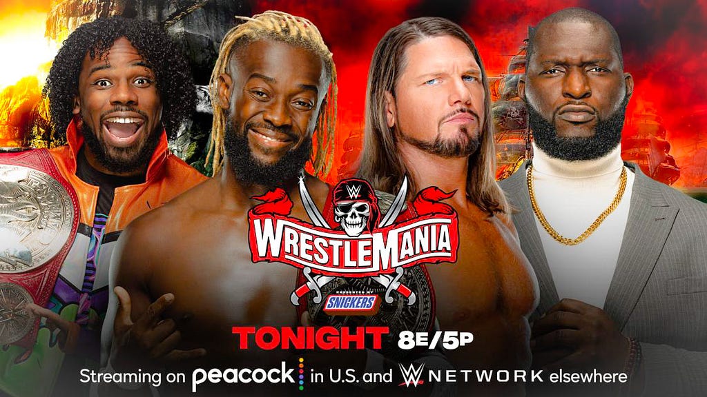 Raw Tag Team Championship Match A.J. Styles and Omos vs. The New Day (Kofi Kingston and Xavier Woods) (C)— WWE WrestleMania 37 Results — Reviews on Every Match