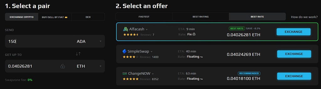 swap ADA for ETH with SwapZone